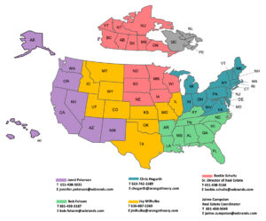 Our territory map and list of representatives for the US and Canada. Jenni Peterson | Phone: 651-438-5032 | Email: jennifer.peterson@sebrands.com | Territories: USA: AK, WA, OR, CA, NV, AZ, NM. Bob Folsom | Phone: 651-438-5167. Email: bob.folsom@sebrands.com | Territories: USA: KY, AR, TN, NC, LA, MS, AL, GA, SC, FL. Chris Hogarth | Phone: 610-742-1689 | Email: hogarth@orangetheory.com | Territories: USA: MI, IN, OH, WV, VA, MD, DE, PA, NJ, CT, RI, MA, NY, NH, VT, ME. Jay Milhulka | Phone: 636-887-5369 | Email: jmihulka@orangetheory.com | Territories: USA: MT, ID, WY, UT, CO, KS, MO, IL, OK, TX. Beckie Schultz | Phone: 651-438-5168 | Email: beckie.schultz@sebrands.com | Territories: USA: ND, SD, NE, MN, IA, WI. Canada: YT, BC, NT, AB, SK, MB, ON, NU. Jaime Cumpston | Real Estate Coordinator | Phone: 651-438-5049 | Email: jaime.cumpston@sebrands.com.